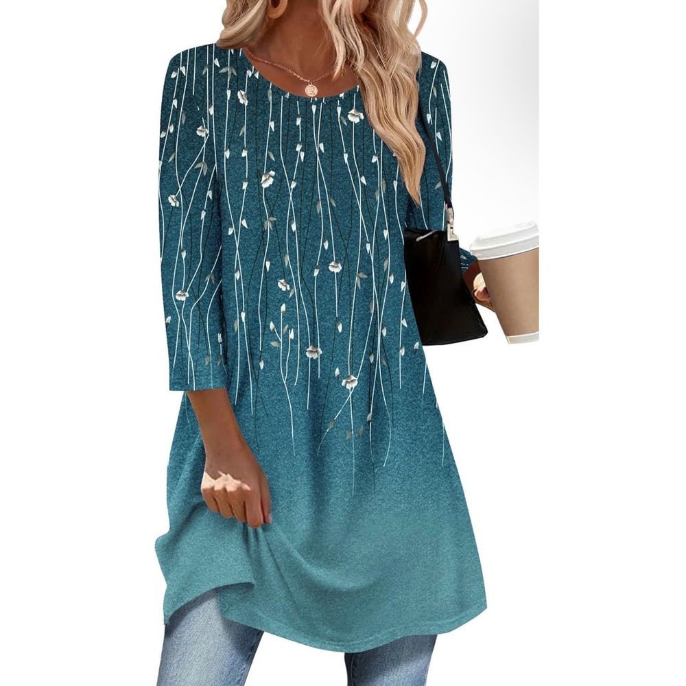 Zeagoo Women Teal Blue Floral 3/4 Sleeve Tunic Top‎ Swing Flare Blouse Small NEW